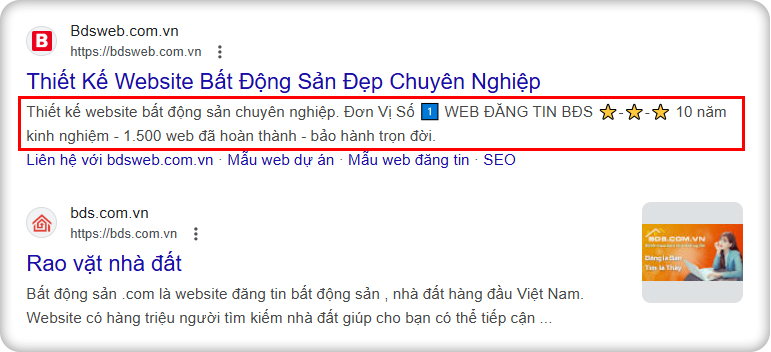 Cách hiển thị của thẻ meta description