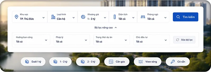 Chức năng lọc ở website bất động sản