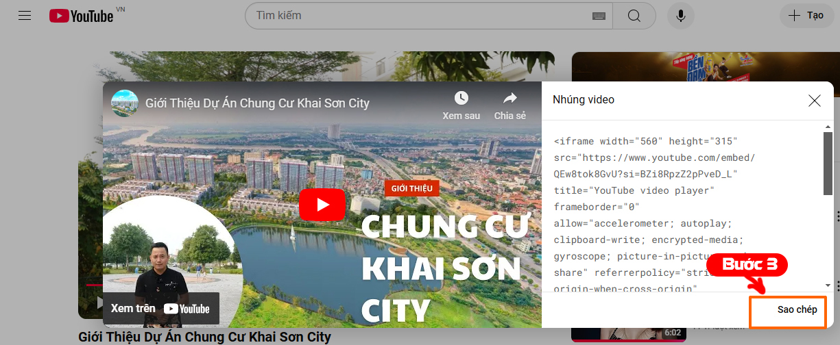 Bước 3 nhúng youtube vào web