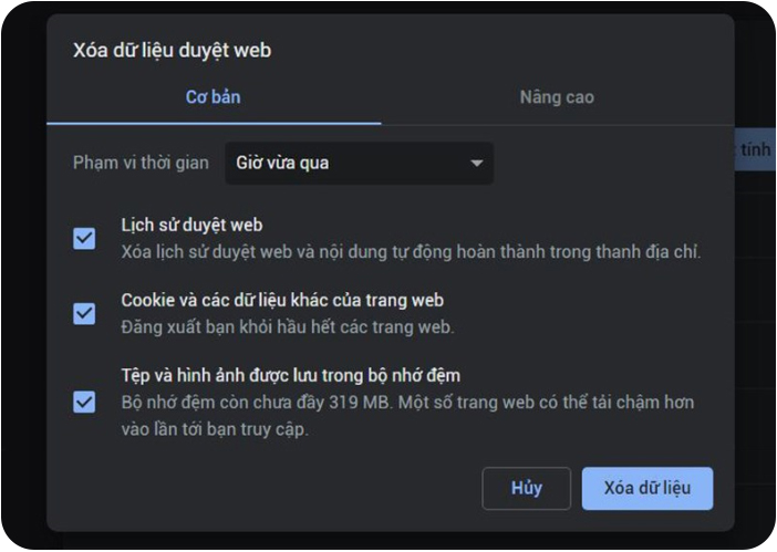 Bước 3 xoá cache trên chrome